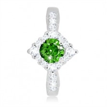 Stříbrný prsten 925 - čirý zirkonový kosočtverec, kulatý zelený zirkon