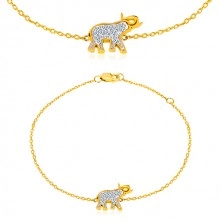 Náramek ze 14K zlata - slon s třpytivými zirkony, jemný lesklý řetízek