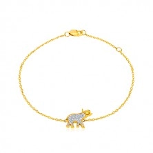 Náramek ze 14K zlata - slon s třpytivými zirkony, jemný lesklý řetízek