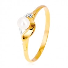 Prsten v kombinovaném zlatě 585 - zrcadlově lesklá vlnka, zirkon a perla