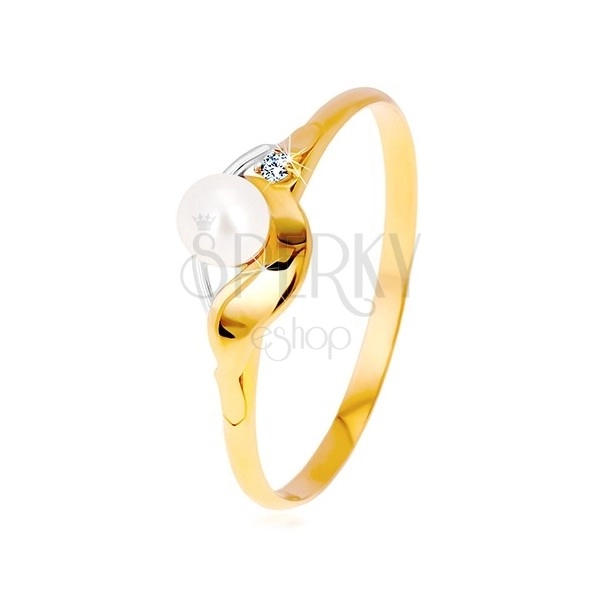 Prsten v kombinovaném zlatě 585 - zrcadlově lesklá vlnka, zirkon a perla