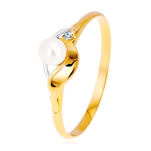 Prsten v kombinovaném zlatě 585 - zrcadlově lesklá vlnka, zirkon a perla - Velikost: 62