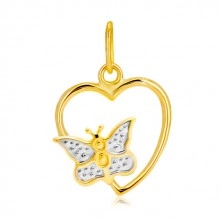 Přívěsek v kombinovaném 14K zlatě - lesklý obrys srdce, motýlek