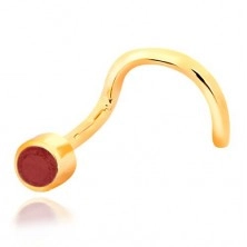 Piercing do nosu ze žlutého 14K zlata - zahnutý tvar, červený rubín v objímce