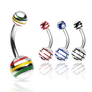 Piercing do pupíku kulička s barevnými pásky - Rozměr: 10 mm x 8 mm, Barva zirkonu: Červená - Žlutá - Zelená - JM