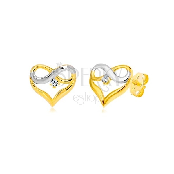 Náušnice v kombinovaném 14K zlatě - obrys srdce, symbol nekonečna, zirkon