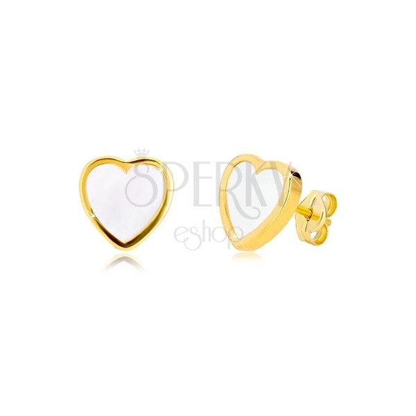 Náušnice ze žlutého 14K zlata - kontura symetrického srdce s přírodní perletí