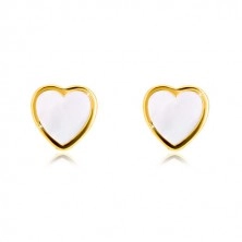 Náušnice ze žlutého 14K zlata - kontura symetrického srdce s přírodní perletí