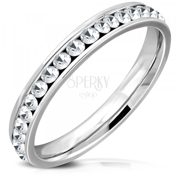 Ocelový prsten stříbrné barvy - třpytivé kulaté zirkony čiré barvy, 3,5 mm