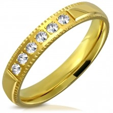 Prsten z oceli ve zlatém barevném odstínu - ozdobné hrany, šest zirkonků, 4 mm