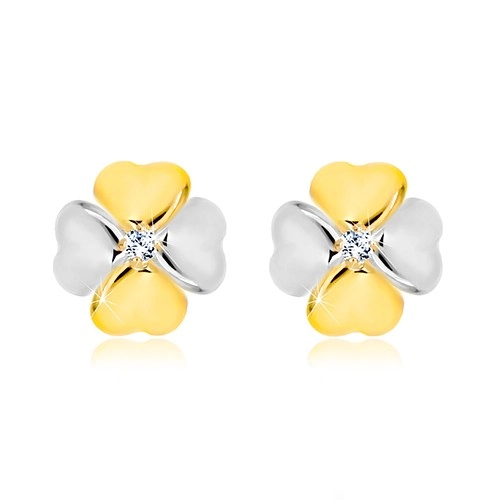 Briliantové náušnice z kombinovaného 14K zlata - symbol štěstí s diamantem