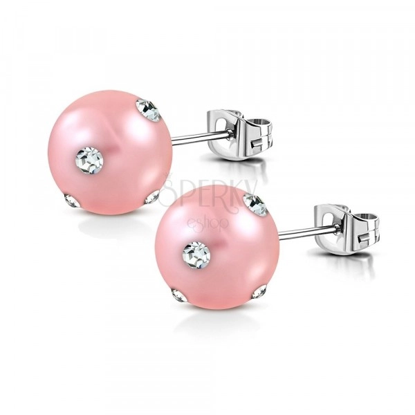 Náušnice z chirurgické oceli - umělá akrylová perla v růžovém odstínu, zirkony