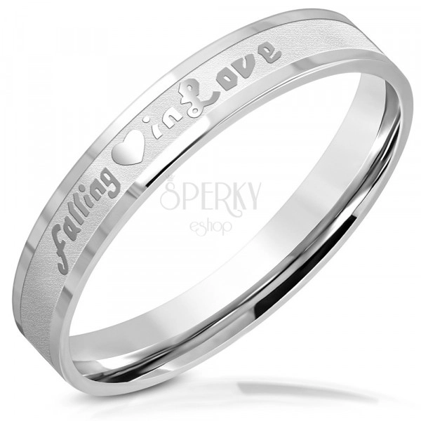 Prsten z chirurgické oceli - nápis "falling in Love", lesklé linie, matný pás, 3,5 mm
