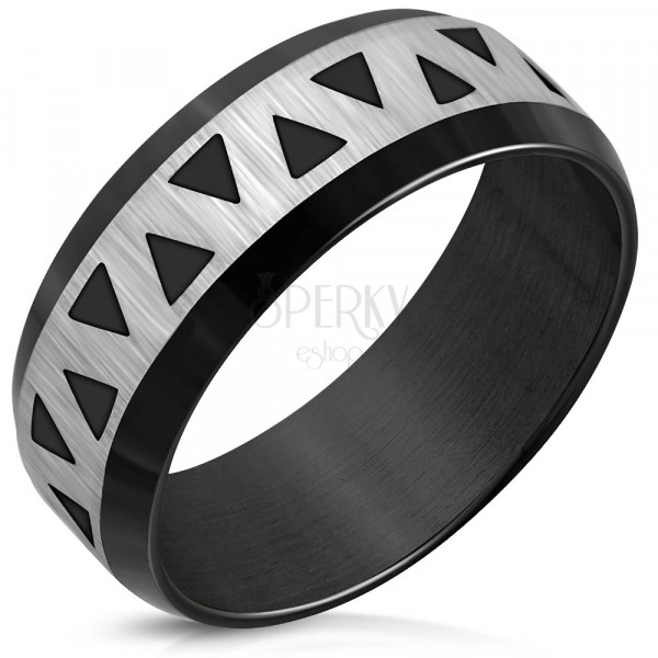 Černý prsten z oceli - zkosené hrany, saténový pás s šipkami, 8 mm