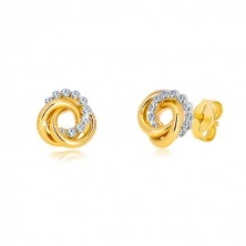 Náušnice ve žlutém 14K zlatě - dva prstence a zirkonový kruh, puzetky