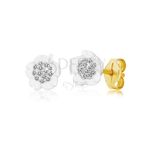 Zlaté náušnice 585 - kvítek z přírodní perleti, krystalky Swarovski