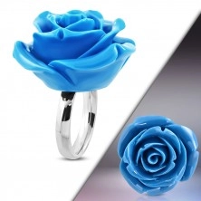 Prsten z chirurgické oceli - růže v rozkvětu, lesklá modrá pryskyřice