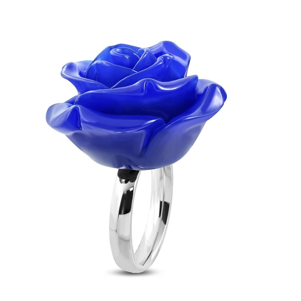 Ocelový prsten - lesklý kroužek a pryskyřicová růže v tmavě modrém odstínu - Velikost: 49
