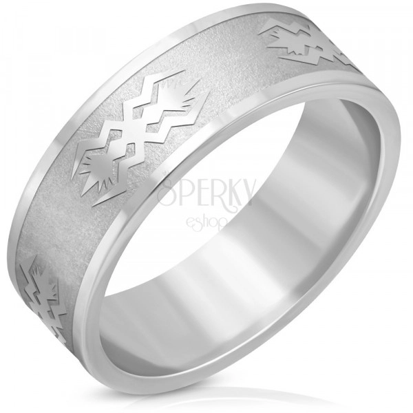 Ocelový prsten stříbrné barvy - matný pás, lesklé hrany, motiv, 8 mm