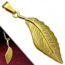 Přívěsek zlaté barvy z chirurgické oceli - ptačí pírko zdobené gravírováním