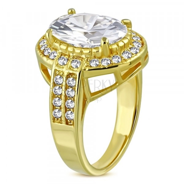 Ocelový prsten ve zlatém barevném odstínu - oválný zirkon v kotlíku, drobné zirkony