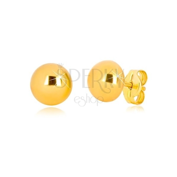 Náušnice ve žlutém zlatě 375 - jednoduchá polokoule s lesklým povrchem, 6 mm