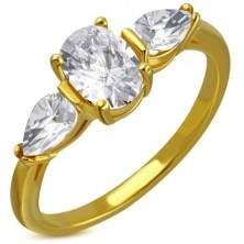 Prsten z oceli ve zlatém odstínu - čirý třpytivý zirkon, zirkonové slzičky