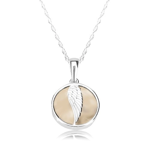 Stříbrný náhrdelník 925 - andělské křídlo, lesklý kruh, mramorová glazura krémové barvy