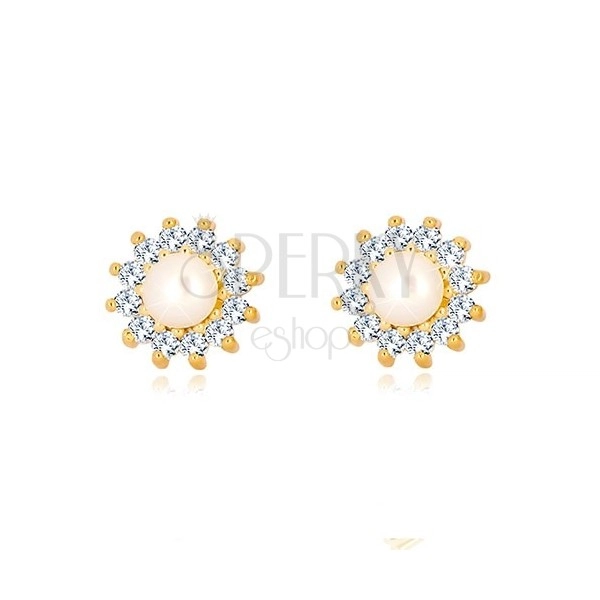 Zlaté 9K náušnice - třpytivý zirkonový květ, perla bílé barvy, puzetky
