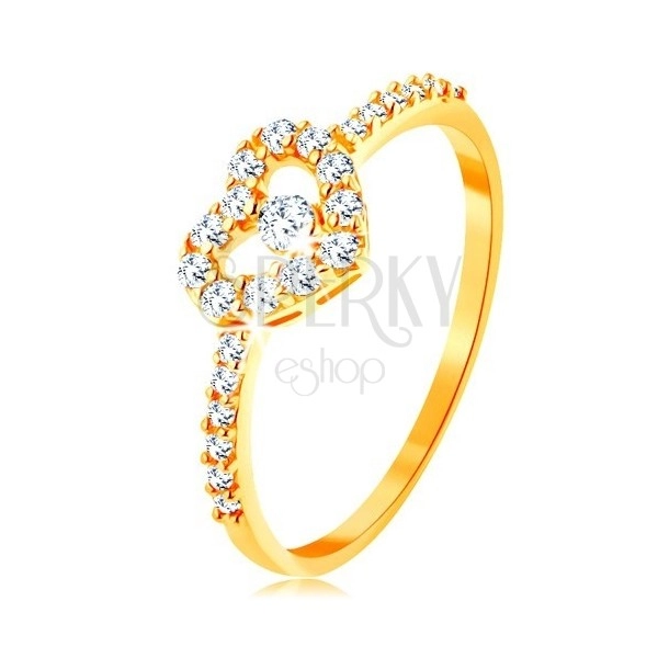 Zlatý prsten 375 - zirkonová ramena, blýskavý čirý obrys srdce se zirkonem