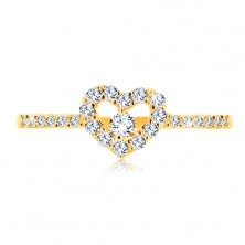 Zlatý prsten 375 - zirkonová ramena, blýskavý čirý obrys srdce se zirkonem