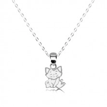 Stříbrný náhrdelník 925 - sedící kočka, bílá glazura, lesklý řetízek