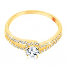 Zlatý prsten 375 s rozdělenými třpytivými rameny, čirý zirkon