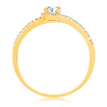 Zlatý prsten 375 s rozdělenými třpytivými rameny, čirý zirkon