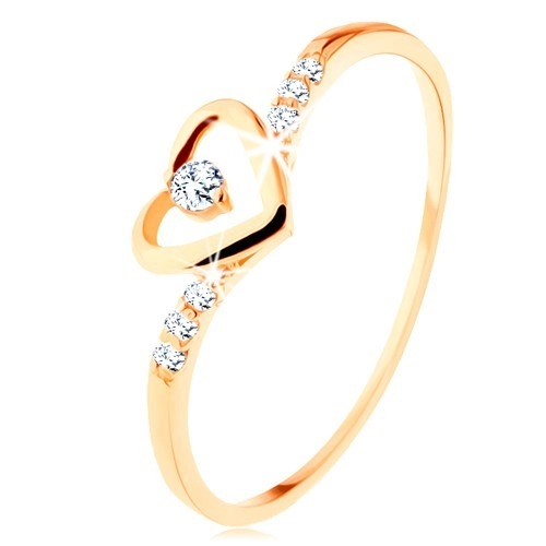 Zlatý prsten 375, kontura srdce s čirým zirkonkem, zdobená ramena - Velikost: 54