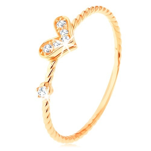 Zlatý prsten 375, spirálovitě zatočená ramena, třpytivé srdíčko, zirkon - Velikost: 56