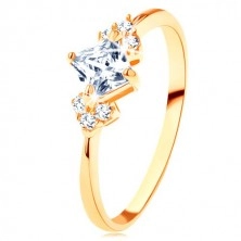 Blýskavý zlatý prsten 375 - čirý zirkonový čtvereček, čiré zirkonky po stranách