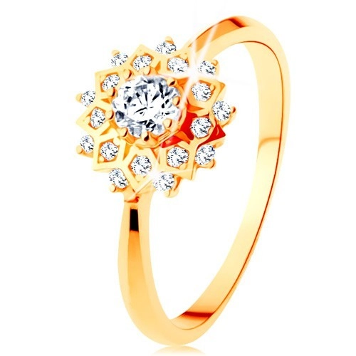Zlatý prsten 375 - třpytivé slunce zdobené kulatými čirými zirkonky - Velikost: 56