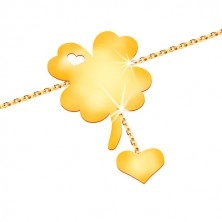 Náramek ve žlutém 14K zlatě - symbol štěstí se srdiečkovitým výřezem, srdce na řetízku
