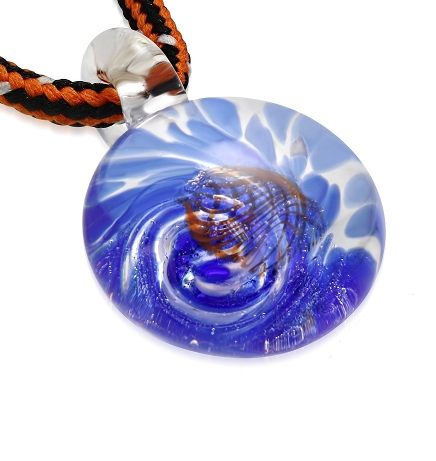 Šňůrkový náhrdelník - barvené sklo se spirálou modré barvy, oranžové vlnky