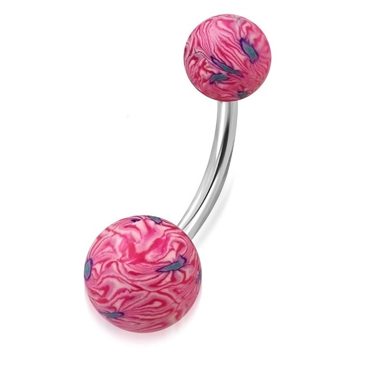 Piercing do pupíku - růžovo-bílé kuličky FIMO s abstraktním motivem