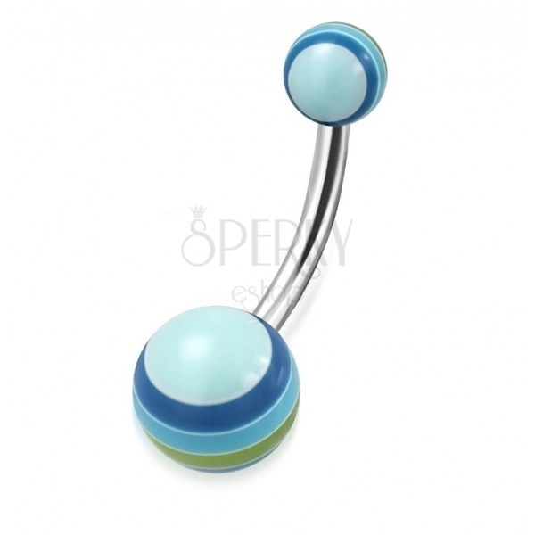 Piercing do bříška - světle modré kuličky s vícebarevnými proužky