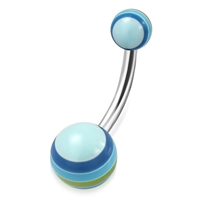 Piercing do bříška - světle modré kuličky s vícebarevnými proužky