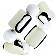 Strečový náramek - bílé kuličky, korálky z mléčného skla, černobílá očka