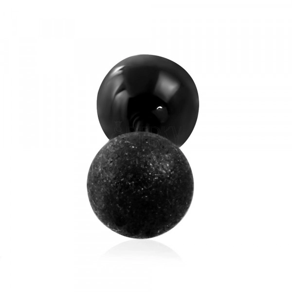 Ocelový piercing do ucha - hladká a pískovaná kulička černé barvy, 6 mm