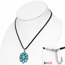 Černý šňůrkový náhrdelník - ozdobný květ s tyrkysovými kameny, slzy