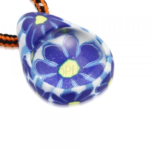 Šňůrkový náhrdelník - FIMO slza s modrými kvítky, skleněná kulička