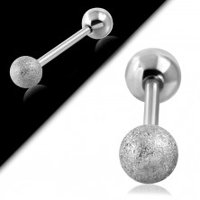 Ocelový piercing do tragu ucha - hladká a pískovaná kulička stříbrné barvy, 16 mm