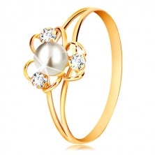 Prsten v 9K žlutém zlatě - květ se třemi okvětními lístky, bílou perlou a čirými zirkony