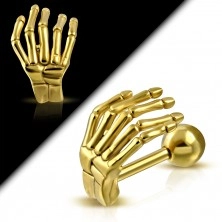 Ocelový piercing do ucha nebo obočí - kostra ruky v lesklém zlatém odstínu